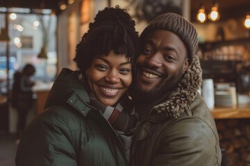 Portrait of a happy afro-american couple in their 30s wearing a warm parka in front of serene coffee shop background
