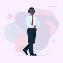 African American pilot in headset. Captain in uniform flat vector illustration. Airliner, flight, trip concept for banner, website design or landing web page