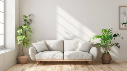 Fototapeta premium Modern Scandinavian home interior design elegant living room featuring a comfortable sofa, wooden floor, white walls and home plants