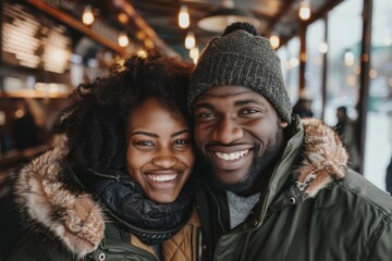 Obraz premium Portrait of a happy afro-american couple in their 30s wearing a warm parka isolated on serene coffee shop background