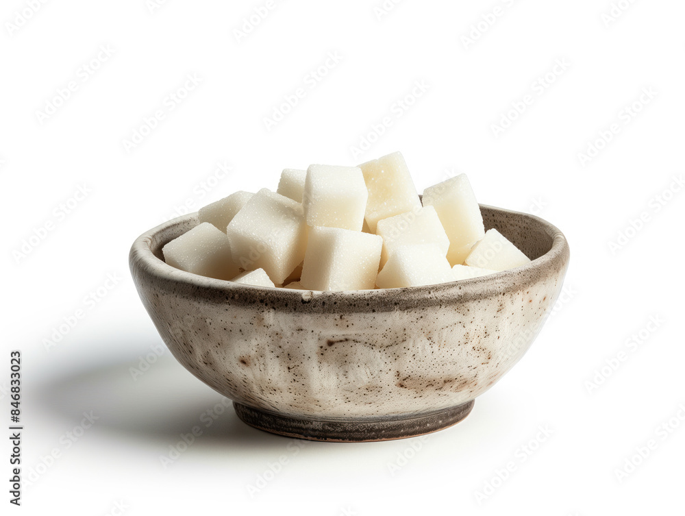 Poster bowl of sugar cubes on a white background. created with generative ai technology.