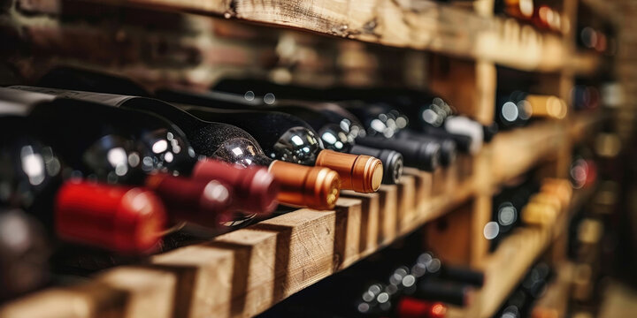 Wine bottles on wooden shelves in a cozy wine cellar, creating a warm and inviting atmosphere with a rustic charm and an array of wines for connoisseurs..