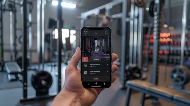 A person holds a smartphone displaying a fitness app screen in a gym, with weightlifting equipment visible in the background.