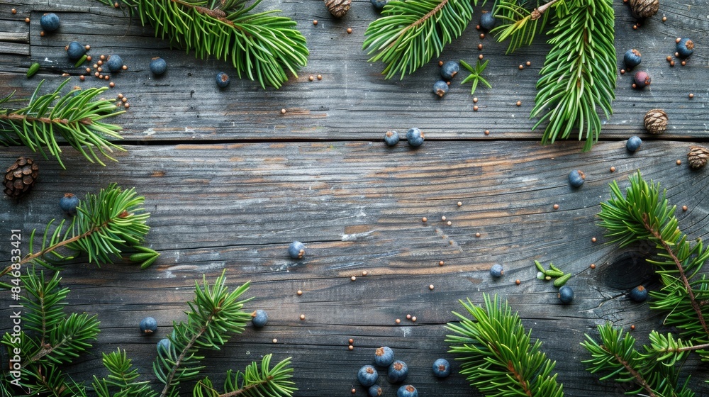 Poster juniper branches and seeds displayed on aged wooden surface from above with empty area for text