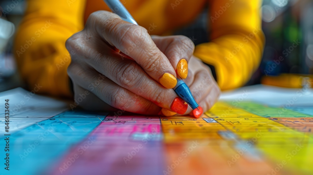 Wall mural A person using a decision matrix to evaluate options based on criteria such as cost, risk, and benefit.