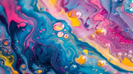 Fototapeta premium Abstract fluid art with vivid swirls of pink, blue, yellow, and orange, creating a dynamic, vibrant composition.