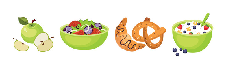 Colorful Breakfast Meal and Morning Food Served Vector Set