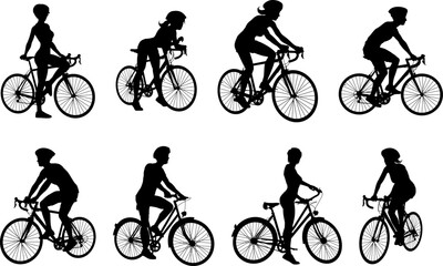 A set of bicyclists riding bikes and wearing a safety helmet in silhouette