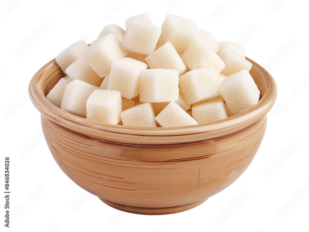 Poster bowl of sugar cubes on a white background. created with generative ai technology.