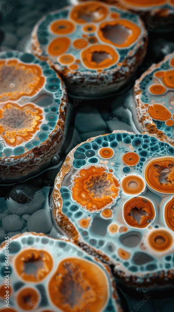 Poster a close-up shot of agate slices with orange and teal patterns