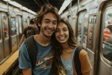 Portrait of a grinning couple in their 20s sporting a vintage band t-shirt in bustling city subway background
