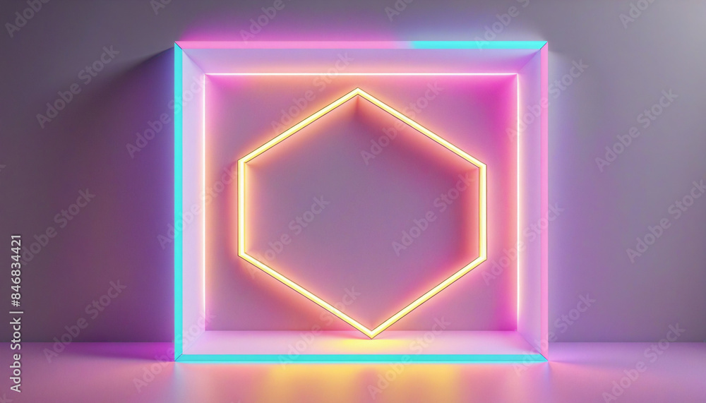 Poster three-dimensional neon geometric shapes create a futuristic and minimalist backdrop with a glowing c