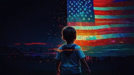 A young boy is looking up at a large American flag.