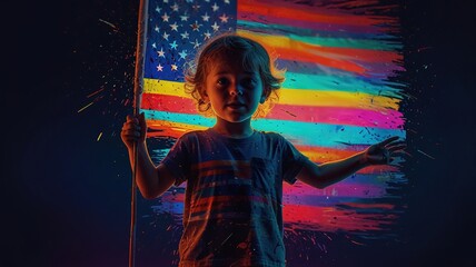 A small child is holding an American flag in front of a rainbow-colored background.
