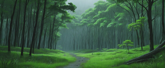 Enveloped in a lush woodland during the rainy spring season