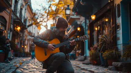A street musician plays guitar in a lanternlit city alley during autumn, creating a warm, cozy...