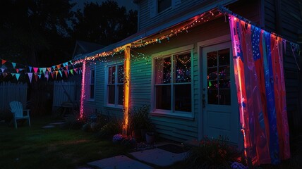 The image shows a house at night, decorated with multi-colored string lights and triangle-shaped flags.