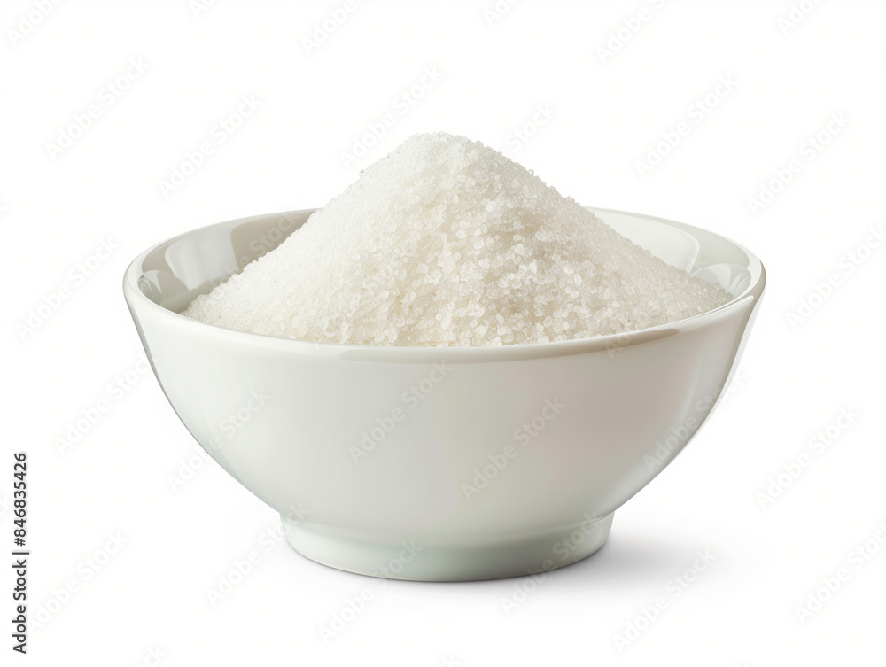 Poster bowl of sugar on a white background. created with generative ai technology.