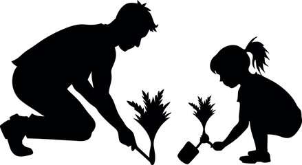 A father with his Child planting tree vector silhouette