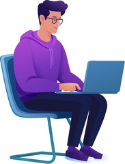 A man, person, using a laptop computer cartoon illustration. Possibly remote working online from home or running a business as an entrepreneur or freelancer. Could also be a college student studying.