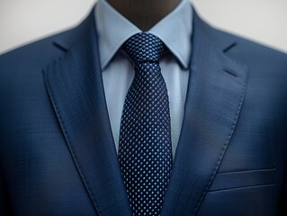 A close-up of a navy blue suit jacket and tie. The tie is a dark blue with white polka dots.