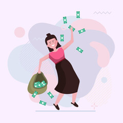 Happy woman getting profit. Heap of money, sack with cash flat vector illustration. Finance business success, investment concept for banner, website design or landing page