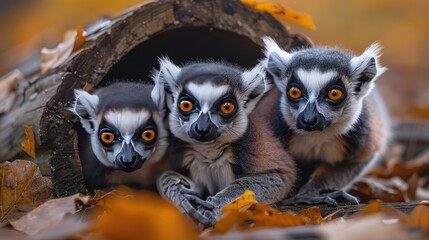 Fototapeta premium Group of ring-tailed lemurs on a wood log 