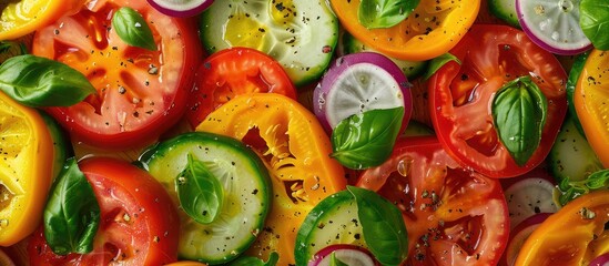 Top view of a vibrant summer vegetable salad