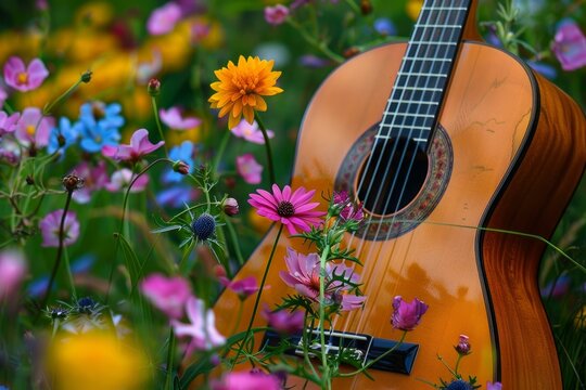 Acoustic guitar resting among colorful flowers in a tranquil garden setting