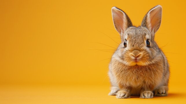 A cute brown bunny with big eyes sits on a yellow background, looking directly at the camera.