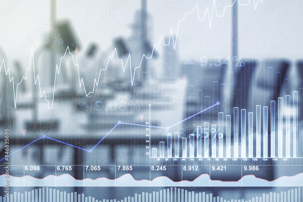 Poster multi exposure of virtual abstract financial graph interface on a modern furnished classroom backgro