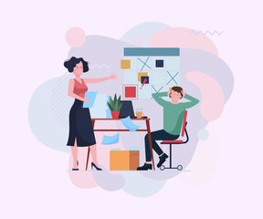 Mad boss blaming forgetful employee. Conflict, planning board, scolding colleague flat vector illustration. Blowing job, failure concept for banner, website design or landing page