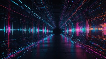 This is a dark tunnel with bright pink and blue neon lights on the walls and floor.