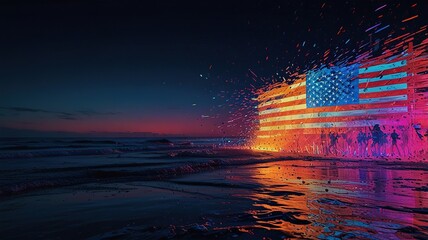 The image shows an American flag made of colorful lights against a dark background with a beach and ocean in front of it.