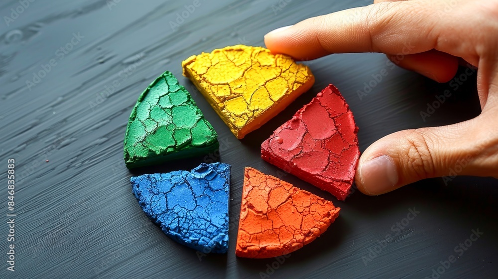 Poster hand arranging colorful pie chart segments on a dark background, representing data analysis and busi