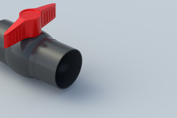 Black PVC ball valve on gray background. Plumbing accessories. Pipeline equipment. Flow pressure control. Tools for gardening. Copy space. 3d render