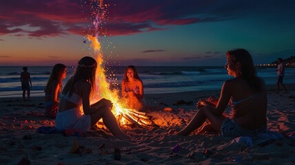 A group of friends are sitting around a bonfire on the beach at night.