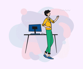 Male office employee greeting colleagues. Positive man standing near desk with computer flat vector illustration. Professional, occupation, office work concept for banner, web design or landing page