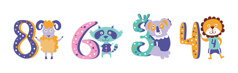 Cute Baby Animal and Educational Number Figure Vector Set