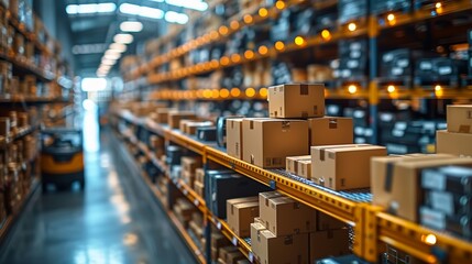 Fototapeta premium A well-stocked warehouse with shelves filled with boxes. A forklift is visible in the background.