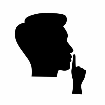 recommend clip art: Please be quiet and calm. Shhh gesture icon with man's face and hands. Finger covering mouth on white background. Vector silhouette.