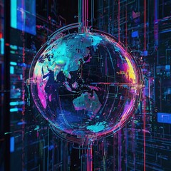 A glowing blue and purple globe of the Earth with a circuit board in the background.
