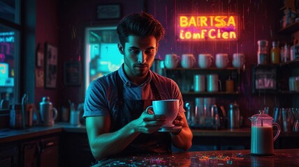 This is a photo of a barista holding a coffee cup in a coffee shop. The background is a neon sign that says "Barista".