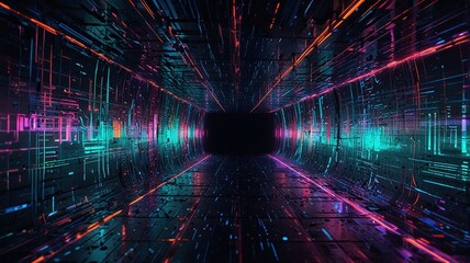 This is a picture of a tunnel made of blue and pink neon lights.