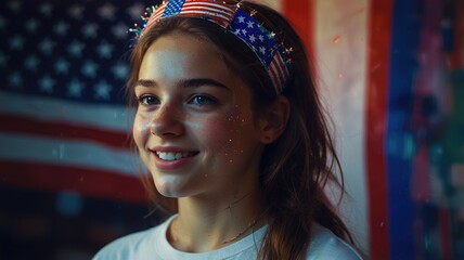 A young woman with long brown hair is smiling in front of an American flag. She is wearing a white shirt and a headband with American flag colors.