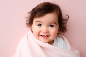 happy smiling girl baby in light pink plain blanket, studio background 