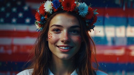This is a photo of a young woman with long brown hair and a wreath of red, white, and blue flowers on her head. She is smiling and there is an American flag in the background.