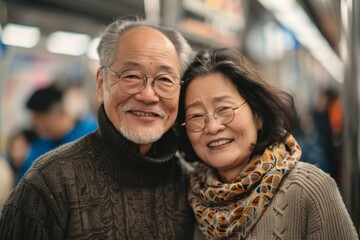 Portrait of a happy asian couple in their 60s dressed in a warm wool sweater on bustling city subway background