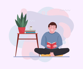 Student guy reading book at home. Happy young man sitting on floor with book flat vector illustration. Education, learning, homework lover concept for banner, website design or landing page