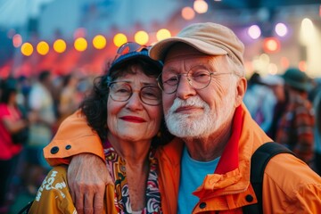 Obraz premium Portrait of a content couple in their 60s wearing a lightweight packable anorak in front of lively concert crowd background